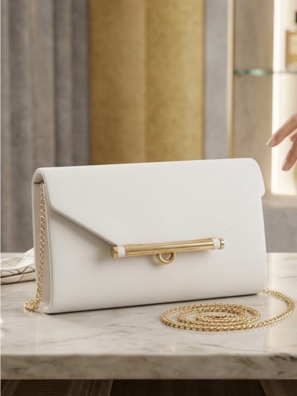 Ardene White Clutch with Gold Chain and Bar Accent